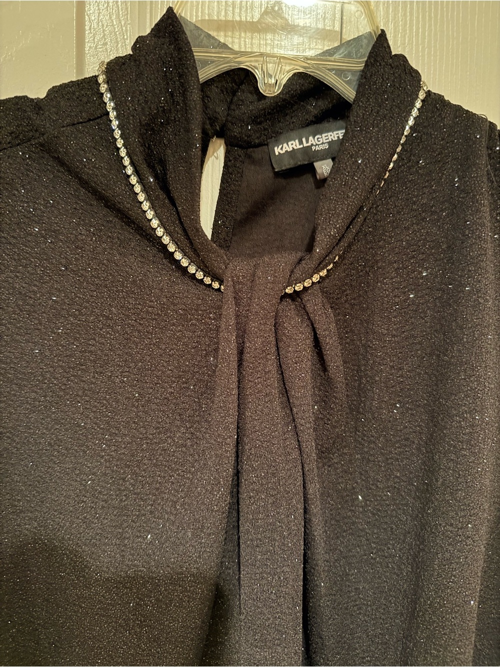 Karl Lagerfeld Black Sparkles Sleeveless Tie-Neck Blouse Top w Rhinestone Trim